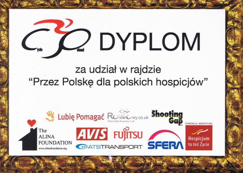 Dyplom za udział w rajdzie "Przez Polskę dla polskich hospicjów" 